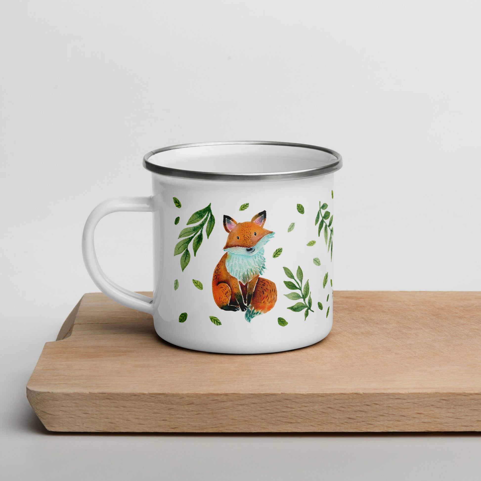 Enamel Mug Watercolor Fox • Cute Woodland Animal Camp Mug with Green Leaves • Lightweight & Durable  - SANDRAAS