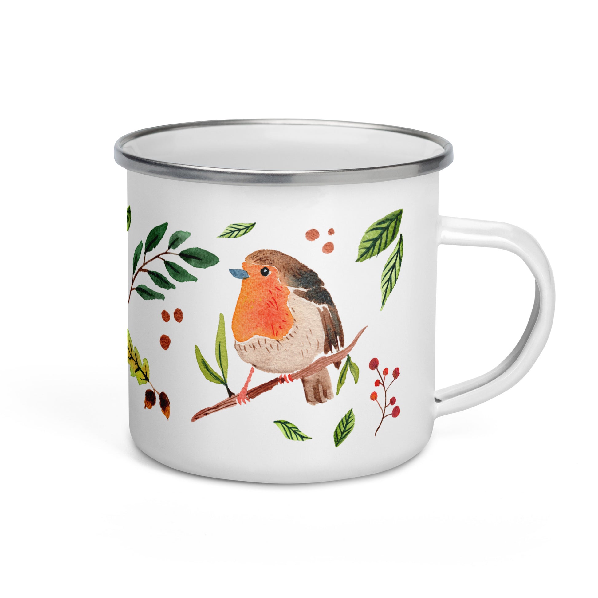 Enamel Mug – Watercolor Robin 🐦 | Nature - Inspired Camping Mug - SANDRAAS