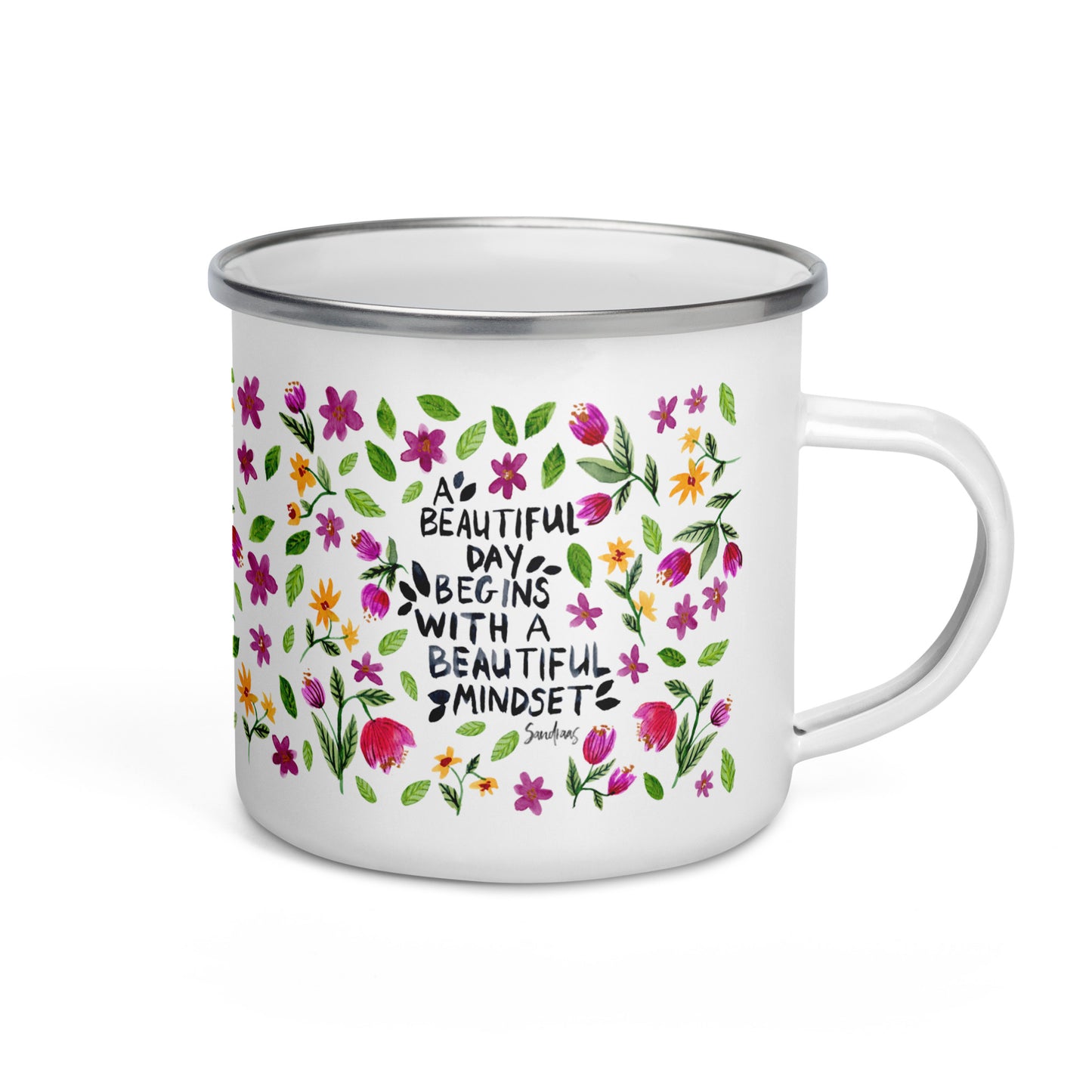 Enamel Mug – A Beautiful Day Starts with a Beautiful Mindset 🌼 | Inspirational Quote & Watercolor Florals - SANDRAAS
