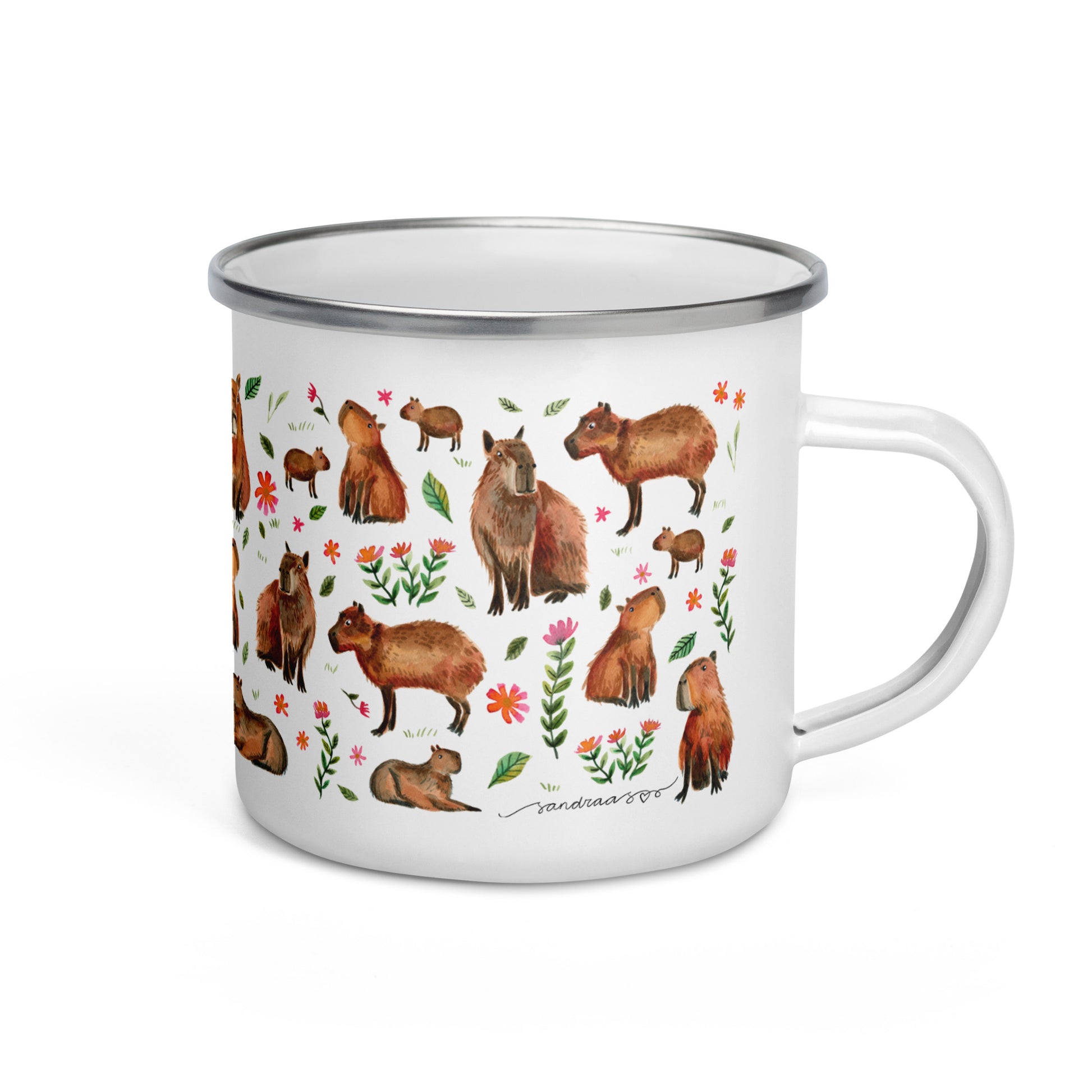 Capybara Enamel Mug • Watercolor Capybara Illustration Camper Cup • Cozy Animal Adventure Drinkware - SANDRAAS