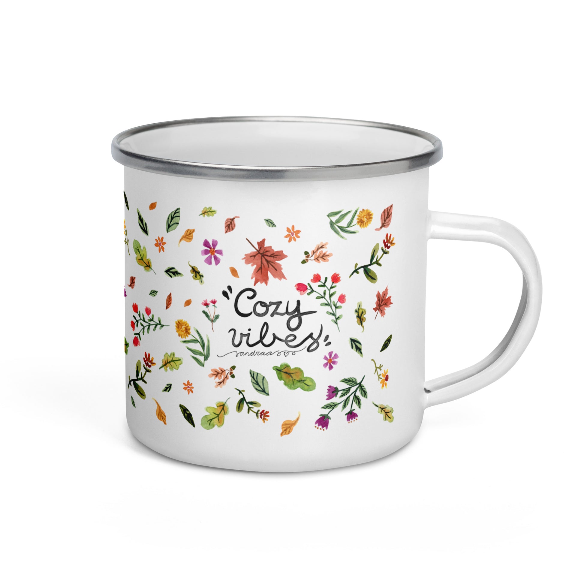 Cozy Vibes Enamel Mug • Hand Lettered Autumn Leaves & Wildflowers Camper Cup • Rustic Fall Drinkware - SANDRAAS