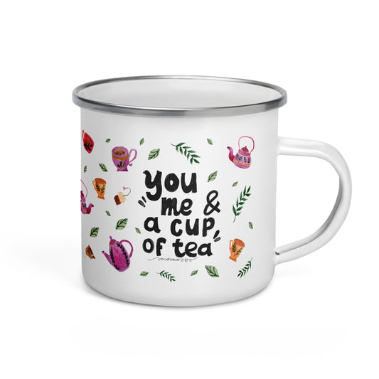 You, Me and a Cup of Tea Enamel Mug • Hand Lettered Autumn Teapot & Leaves Camper Cup • Cozy Rustic Drinkware - SANDRAAS