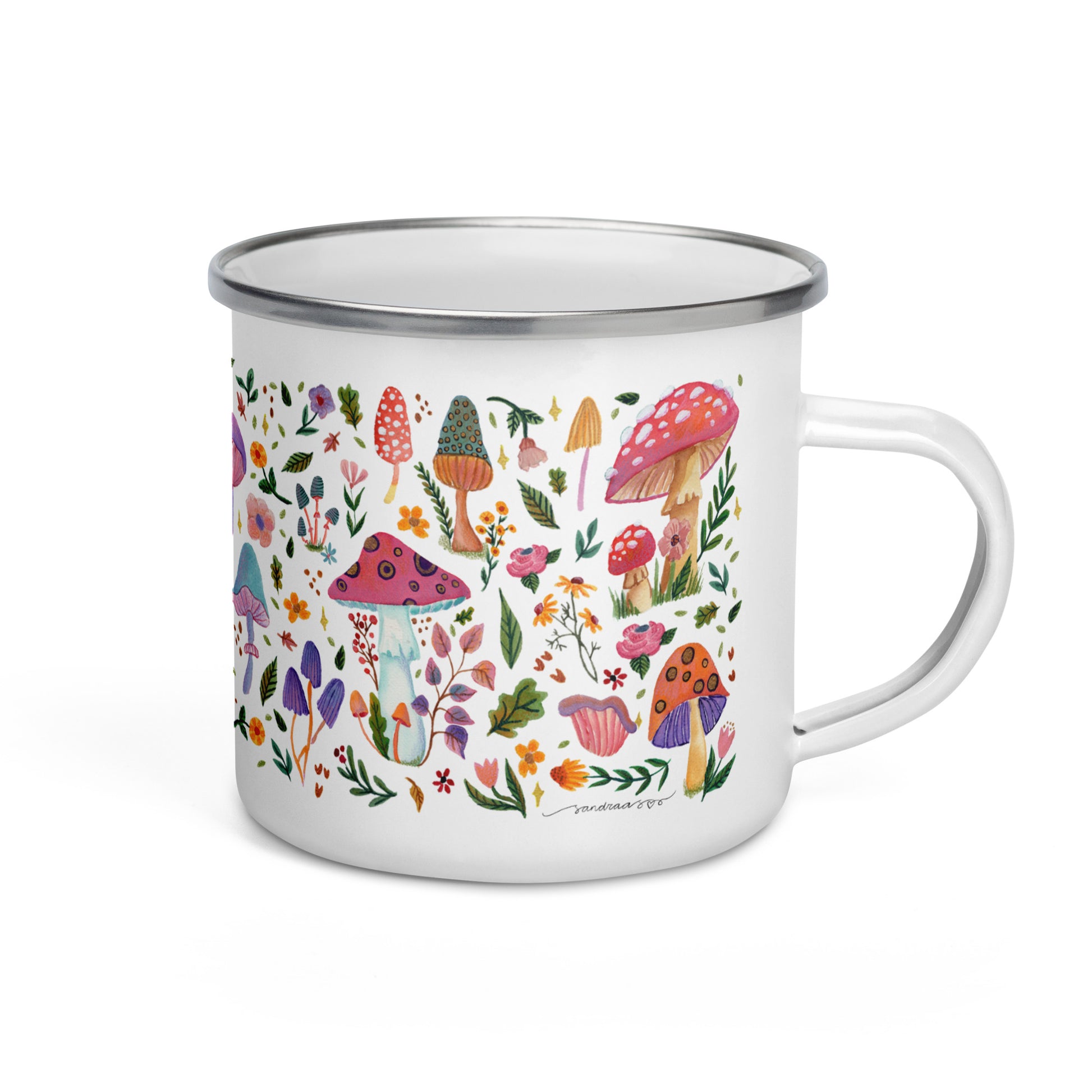 Whimsical Mushroom Enamel Mug • Watercolor Woodland Mushrooms & Flowers Camper Cup • Cozy Nature Drinkware - SANDRAAS