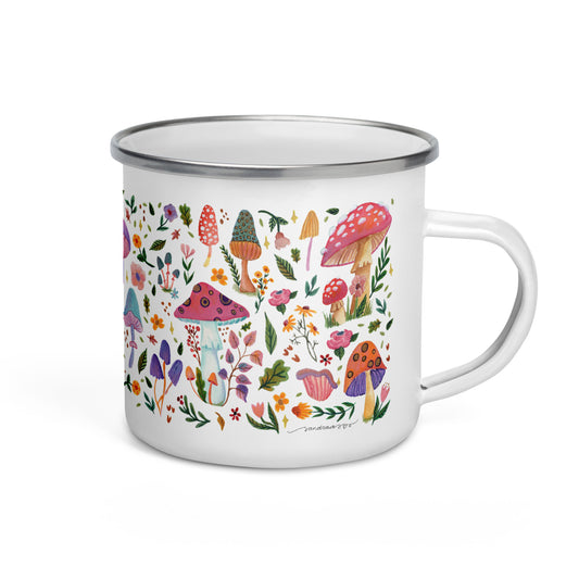 Whimsical Mushroom Enamel Mug • Watercolor Woodland Mushrooms & Flowers Camper Cup • Cozy Nature Drinkware - SANDRAAS