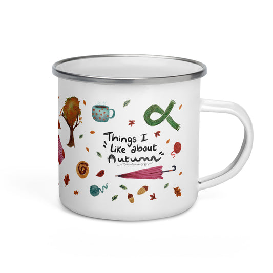 Things I Like About Autumn Enamel Mug • Watercolor Cozy Sweater, Socks & Fall Tree Camper Cup • Rustic Seasonal Drinkware - SANDRAAS