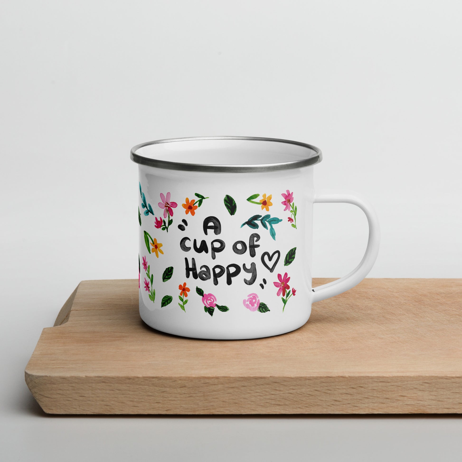 Enamel Mug "A Cup of Happy" •  Watercolor Flowers • Lightweight & Durable for Camping or Cozy Moments - SANDRAAS