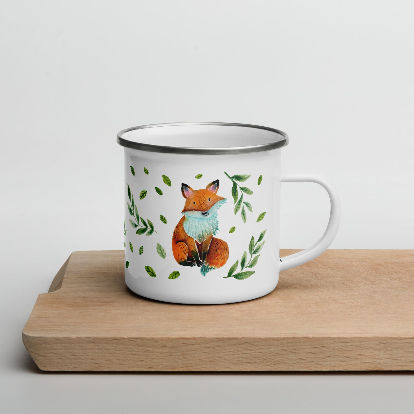 Enamel Mug Watercolor Fox • Cute Woodland Animal Camp Mug with Green Leaves • Lightweight & Durable - SANDRAAS