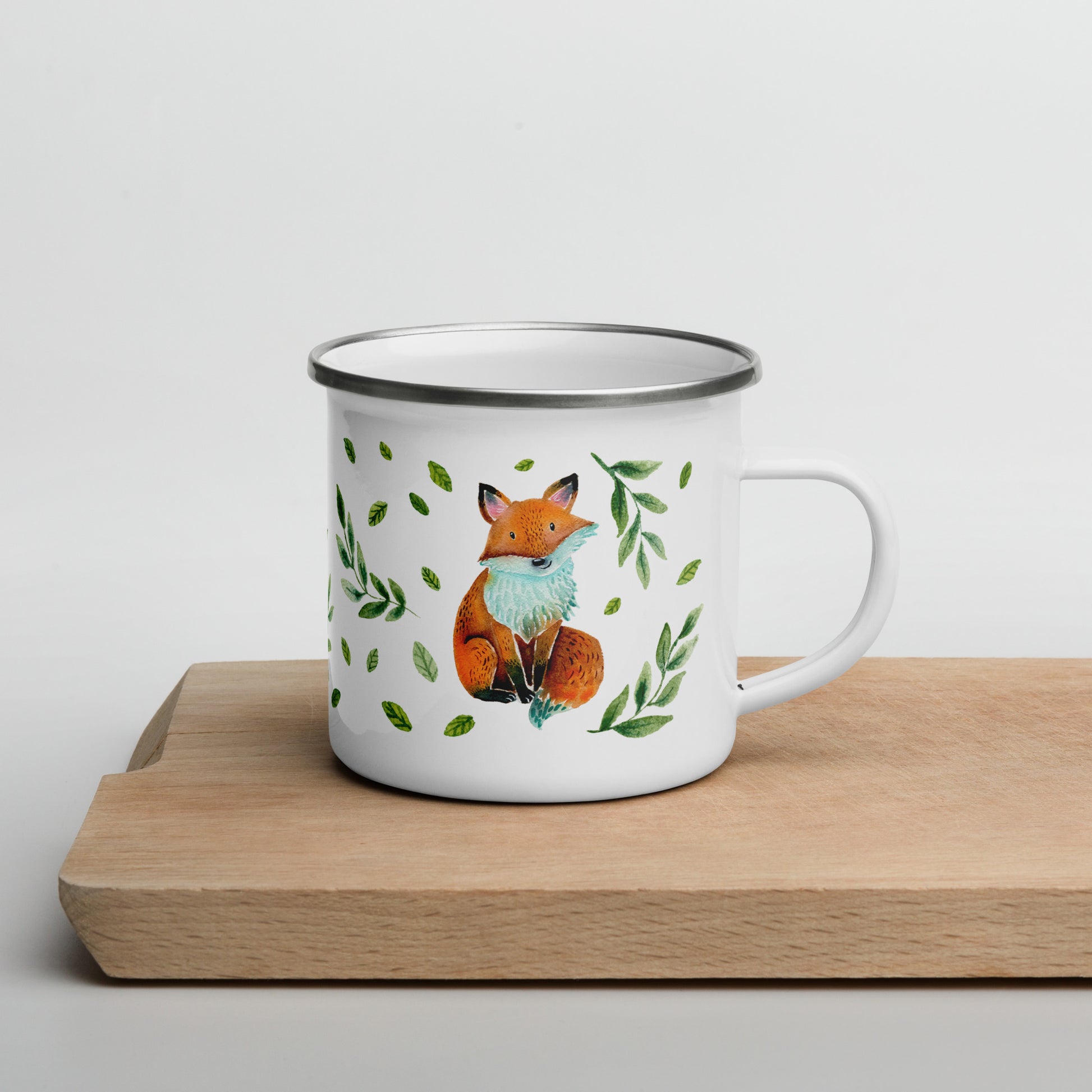 Enamel Mug Watercolor Fox • Cute Woodland Animal Camp Mug with Green Leaves • Lightweight & Durable  - SANDRAAS