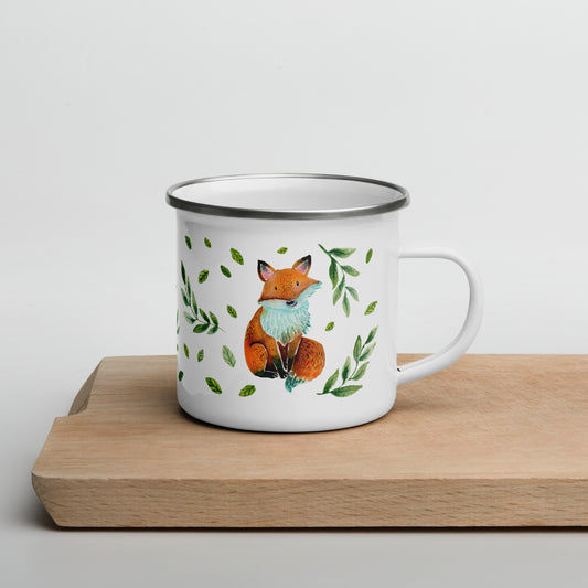 Enamel Mug Watercolor Fox • Cute Woodland Animal Camp Mug with Green Leaves • Lightweight & Durable  - SANDRAAS