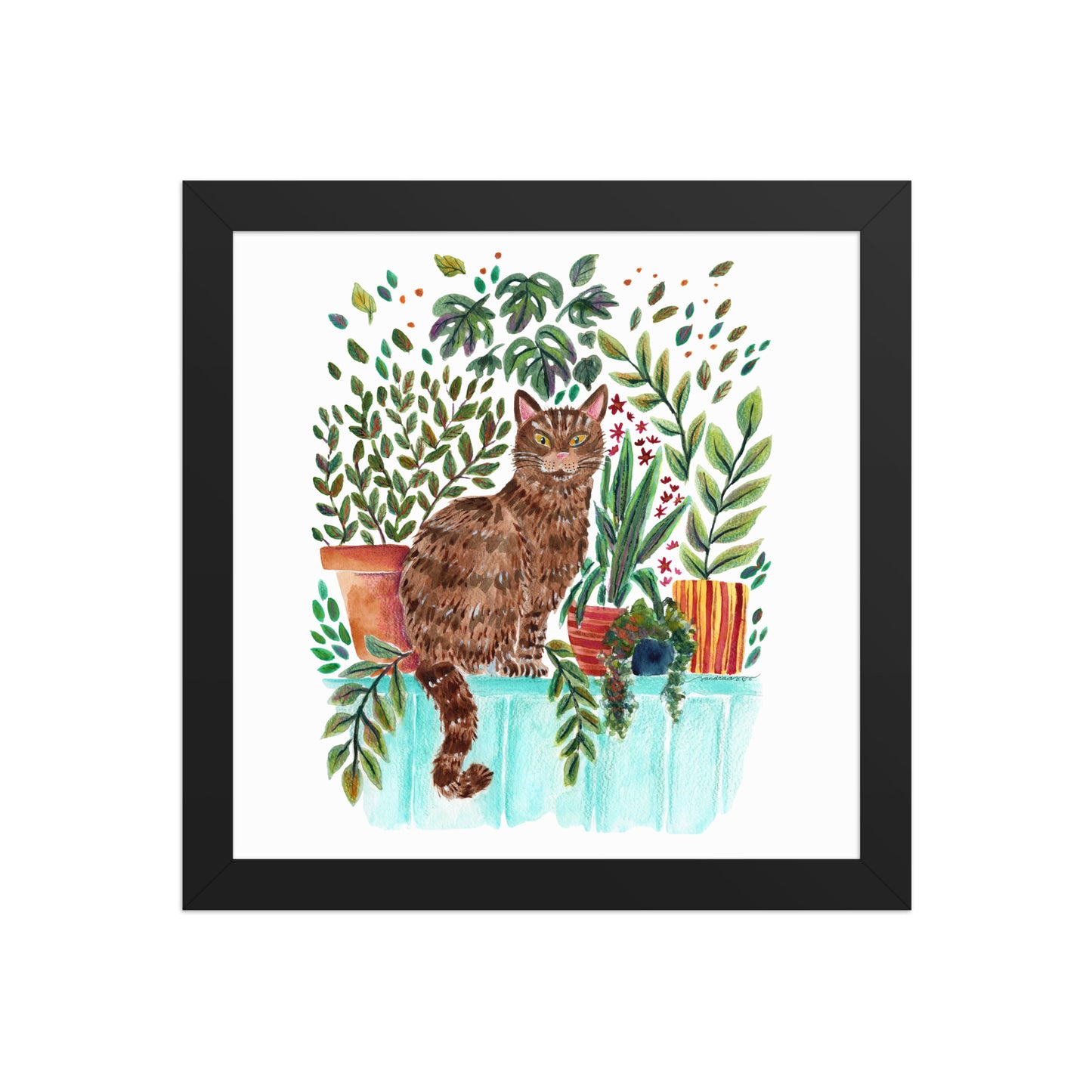 Framed Poster – Cat in the Window 🐱🌿 | Cozy Watercolor Wall Art for Cat Lovers & Plant People - SANDRAAS