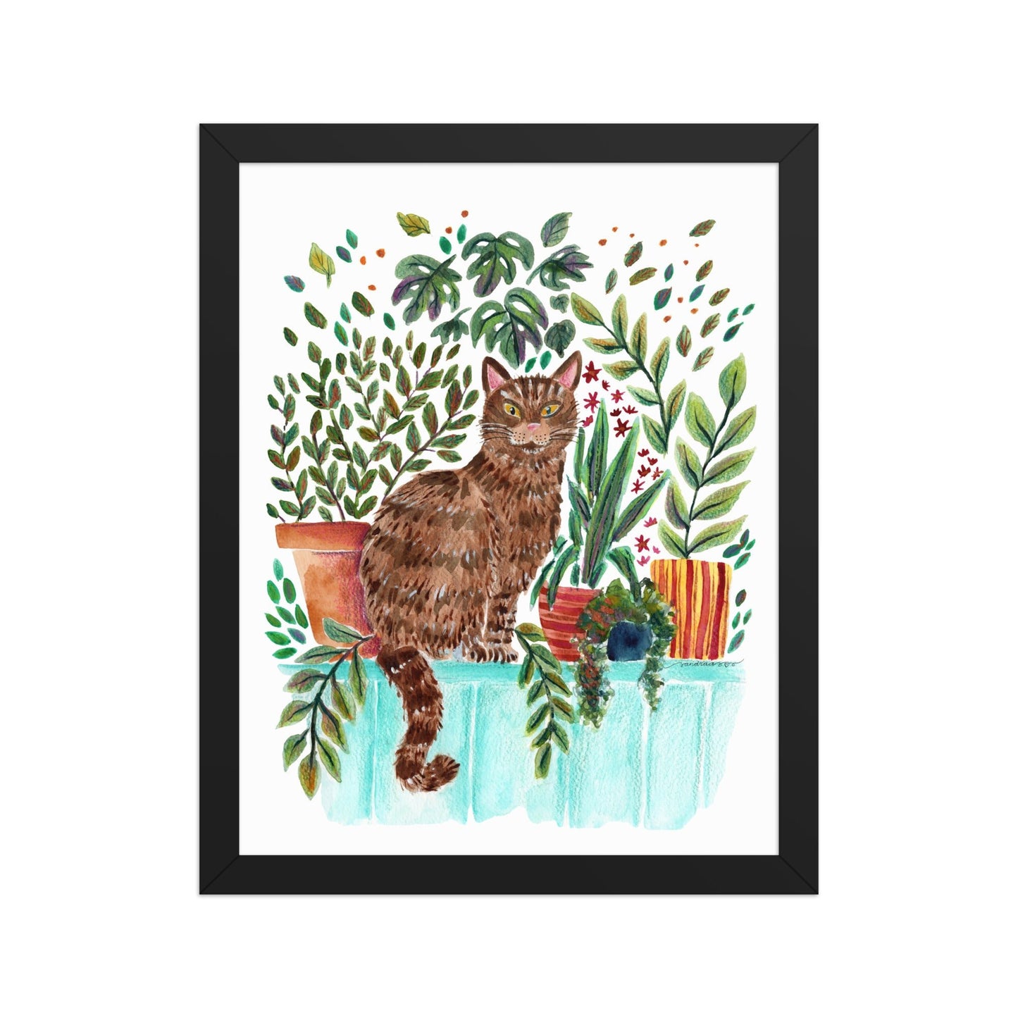 Framed Poster – Cat in the Window 🐱🌿 | Cozy Watercolor Wall Art for Cat Lovers & Plant People - SANDRAAS