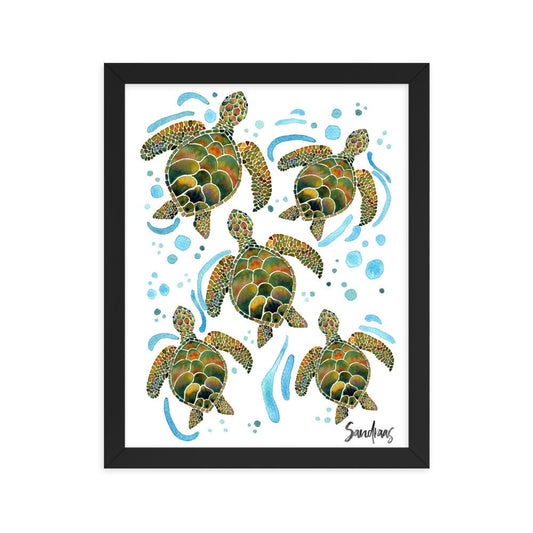 🐢 Framed Poster – Watercolor Turtles & Bubbles – A Peaceful Ocean Moment - SANDRAAS