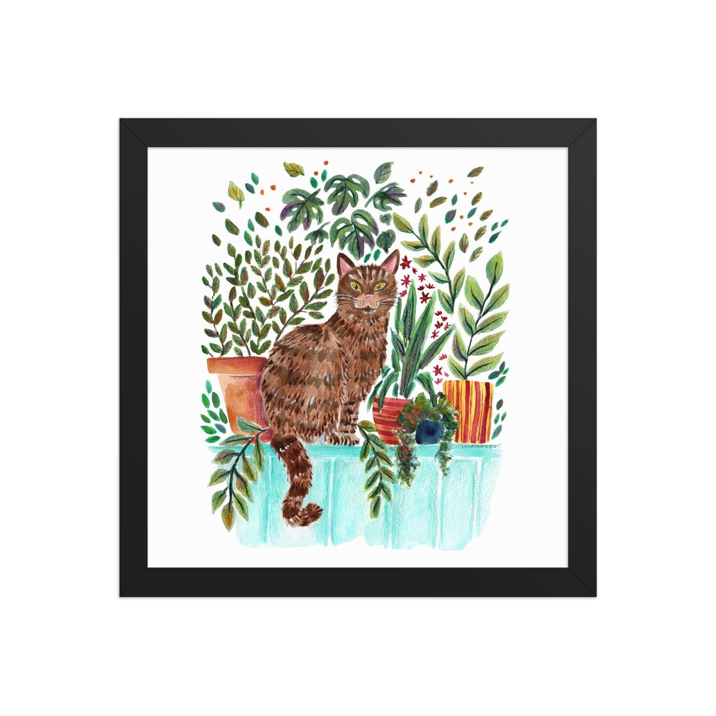 Framed Poster – Cat in the Window 🐱🌿 | Cozy Watercolor Wall Art for Cat Lovers & Plant People - SANDRAAS