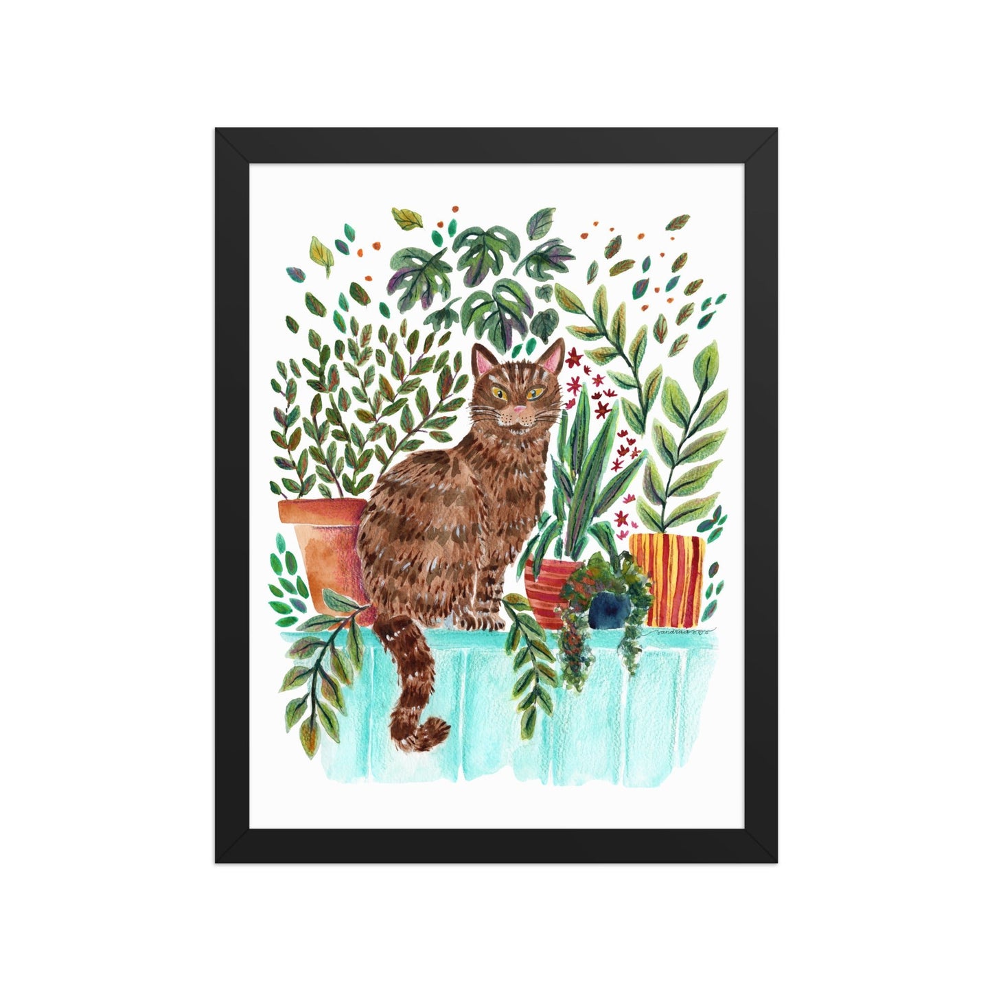 Framed Poster – Cat in the Window 🐱🌿 | Cozy Watercolor Wall Art for Cat Lovers & Plant People - SANDRAAS