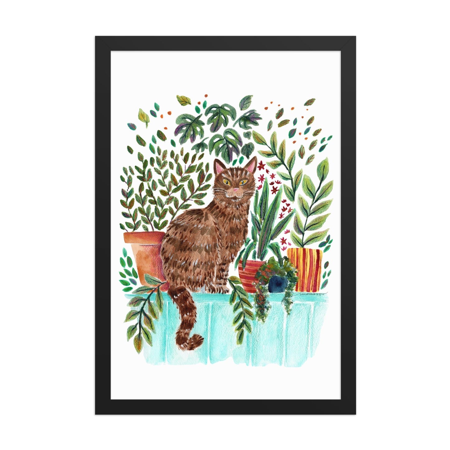 Framed Poster – Cat in the Window 🐱🌿 | Cozy Watercolor Wall Art for Cat Lovers & Plant People - SANDRAAS
