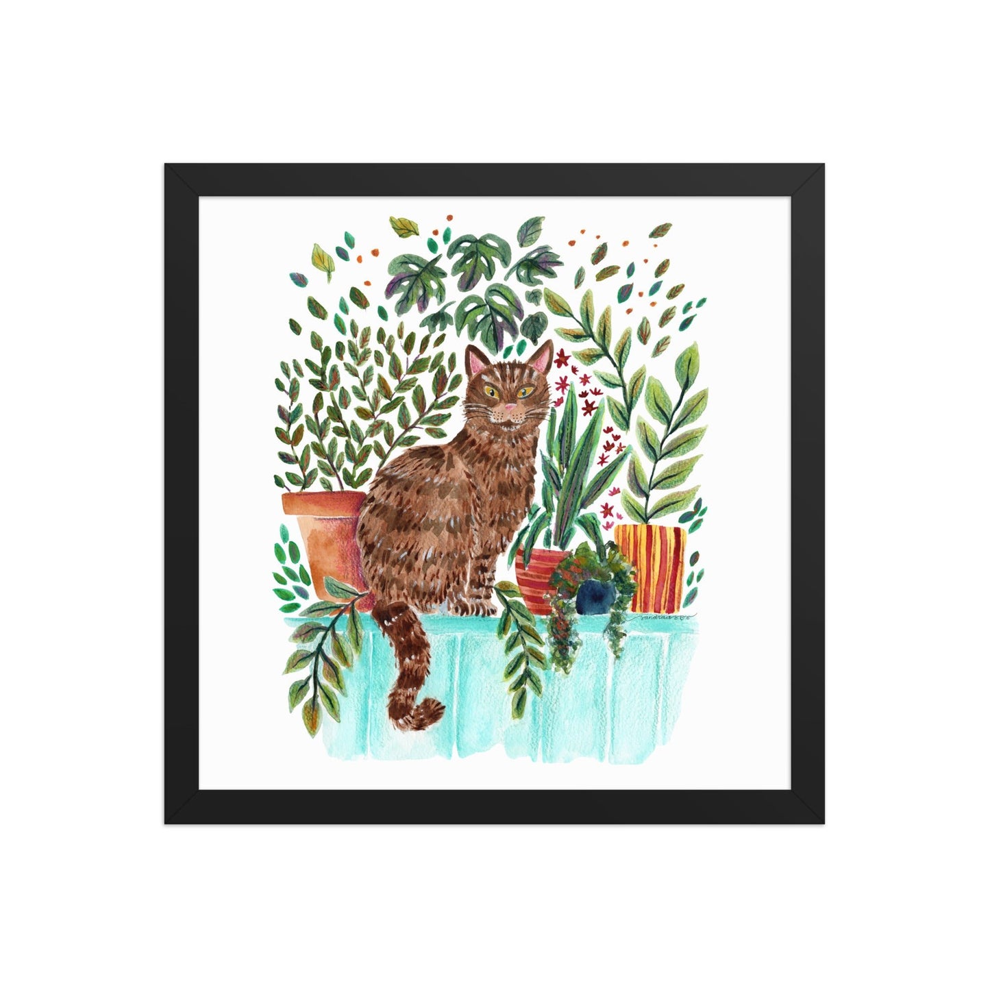 Framed Poster – Cat in the Window 🐱🌿 | Cozy Watercolor Wall Art for Cat Lovers & Plant People - SANDRAAS