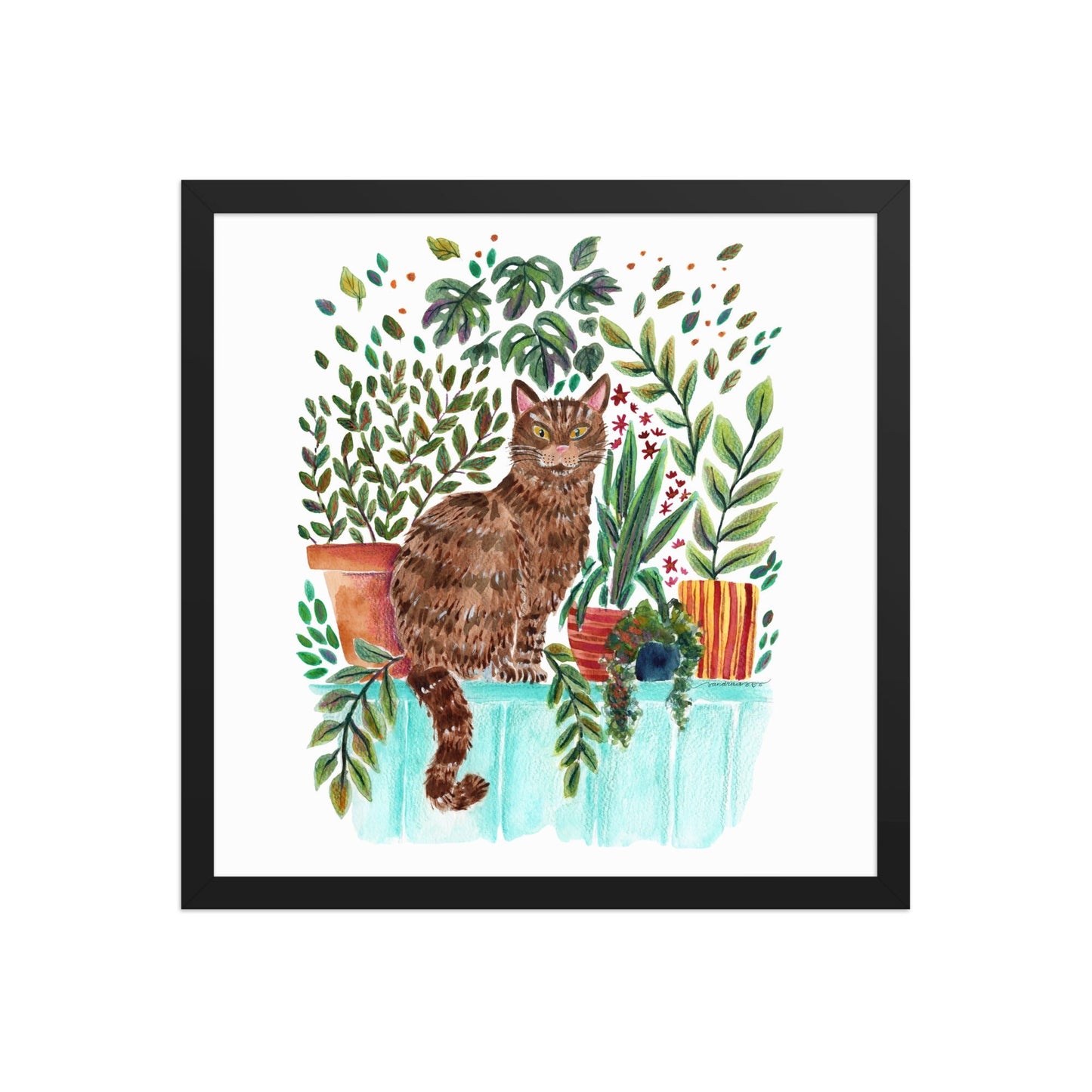 Framed Poster – Cat in the Window 🐱🌿 | Cozy Watercolor Wall Art for Cat Lovers & Plant People - SANDRAAS