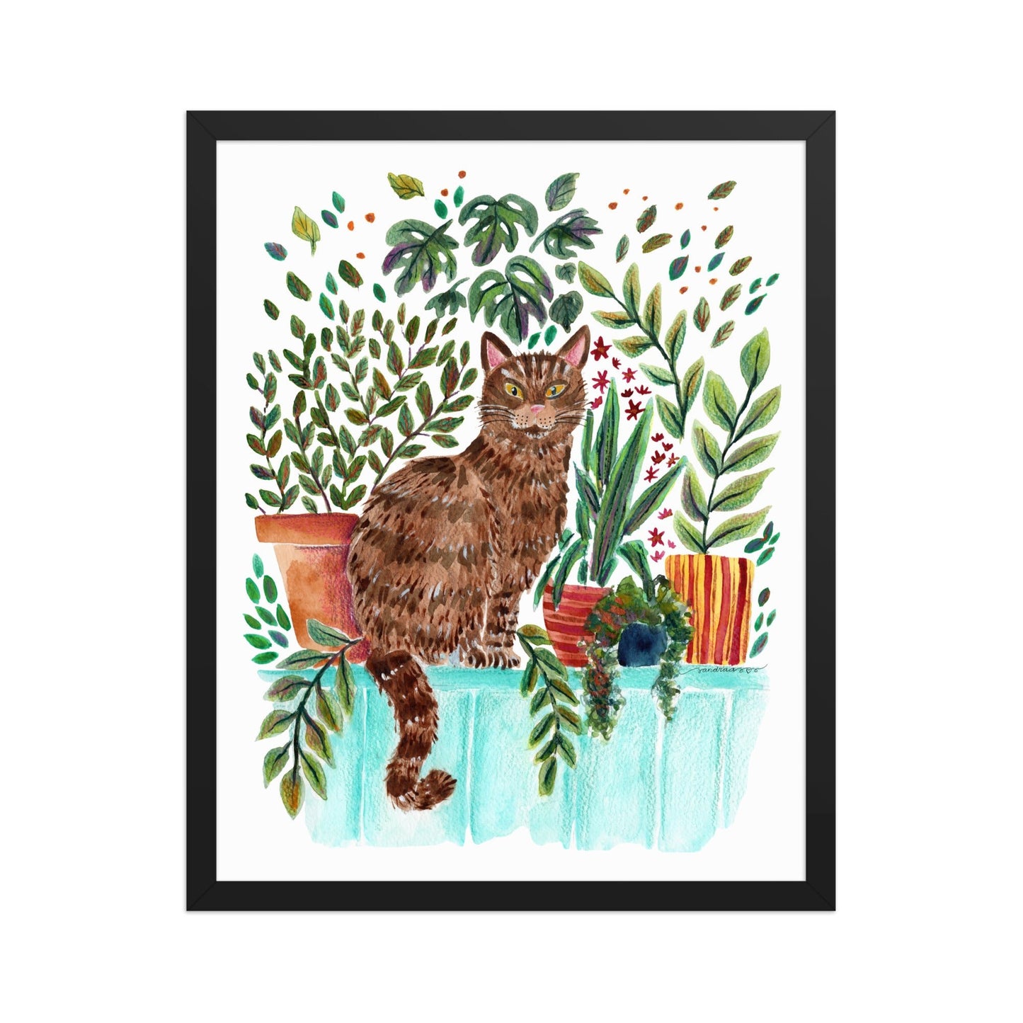 Framed Poster – Cat in the Window 🐱🌿 | Cozy Watercolor Wall Art for Cat Lovers & Plant People - SANDRAAS