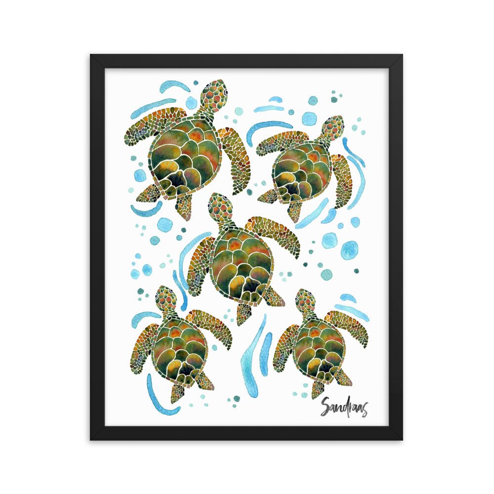 🐢 Framed Poster – Watercolor Turtles & Bubbles – A Peaceful Ocean Moment - SANDRAAS