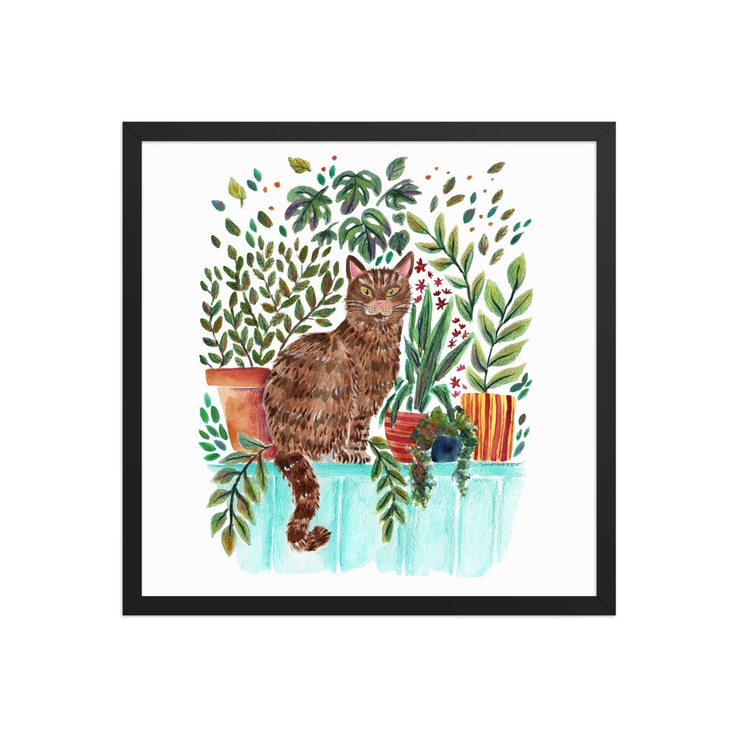 Framed Poster – Cat in the Window 🐱🌿 | Cozy Watercolor Wall Art for Cat Lovers & Plant People - SANDRAAS