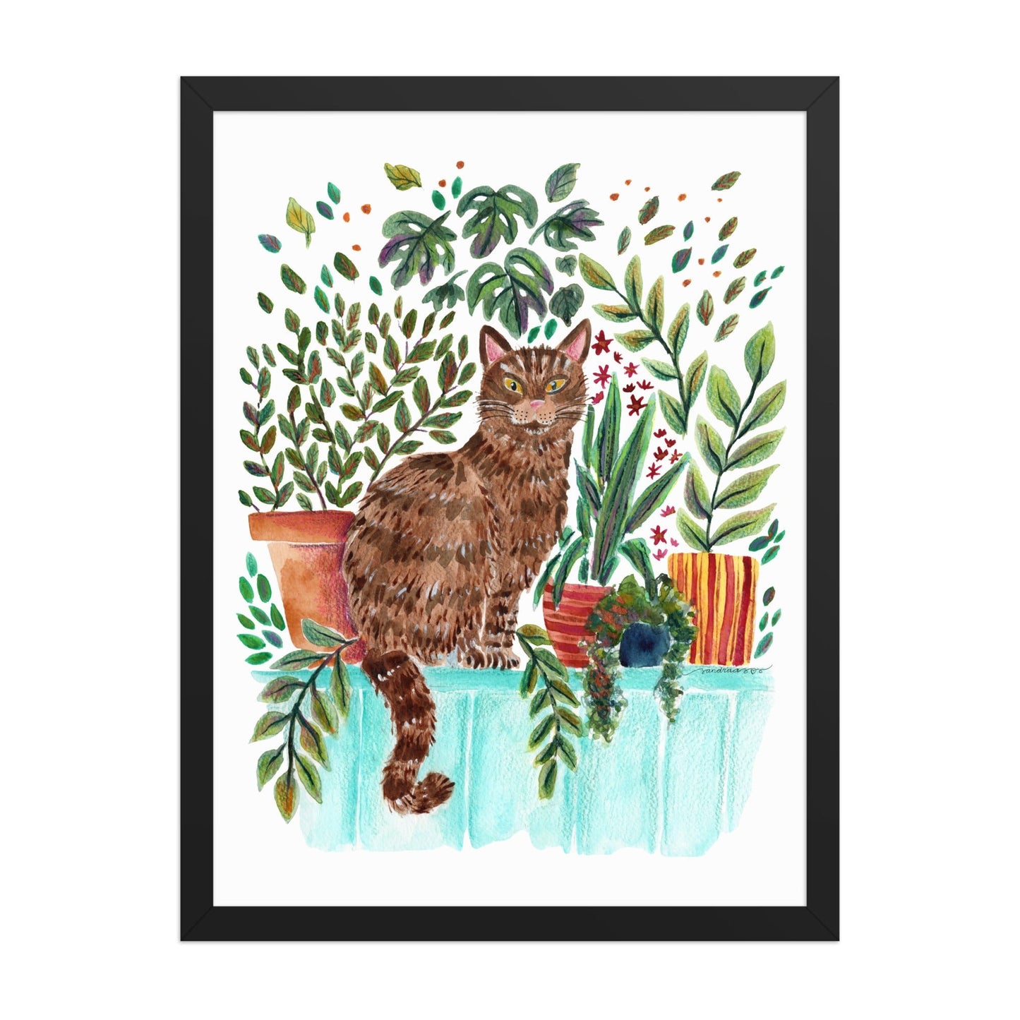 Framed Poster – Cat in the Window 🐱🌿 | Cozy Watercolor Wall Art for Cat Lovers & Plant People - SANDRAAS