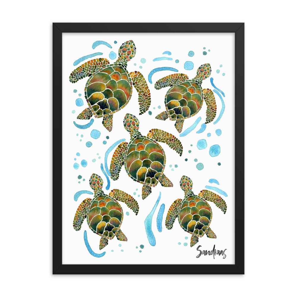 🐢 Framed Poster – Watercolor Turtles & Bubbles – A Peaceful Ocean Moment - SANDRAAS