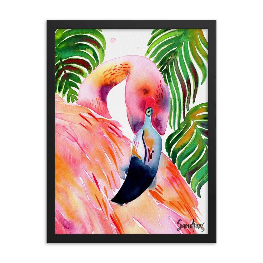 🦩 Framed Poster – Flamingo & Tropical Leaves – A Splash of Pink Paradise - SANDRAAS