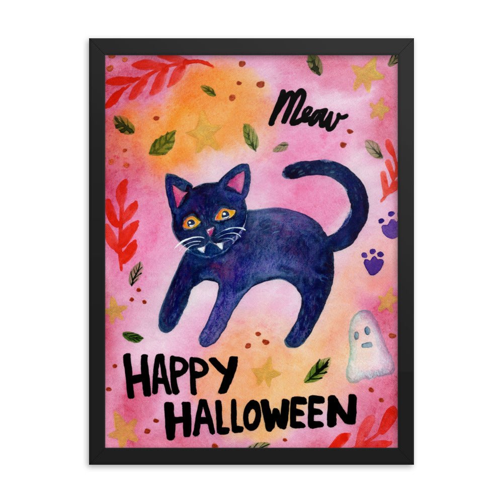 Framed Poster – Halloween Black Cat "Meow" 🐈⬛🎃 - SANDRAAS