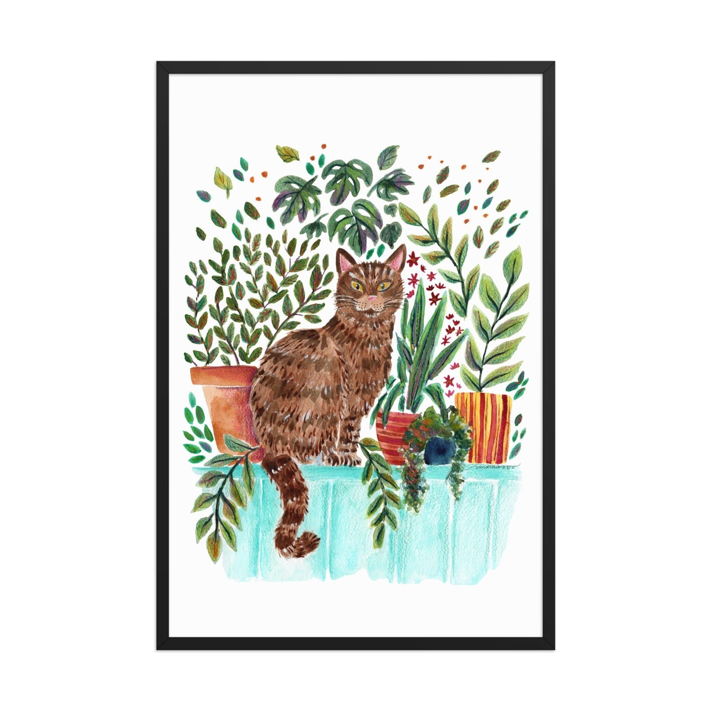 Framed Poster – Cat in the Window 🐱🌿 | Cozy Watercolor Wall Art for Cat Lovers & Plant People - SANDRAAS