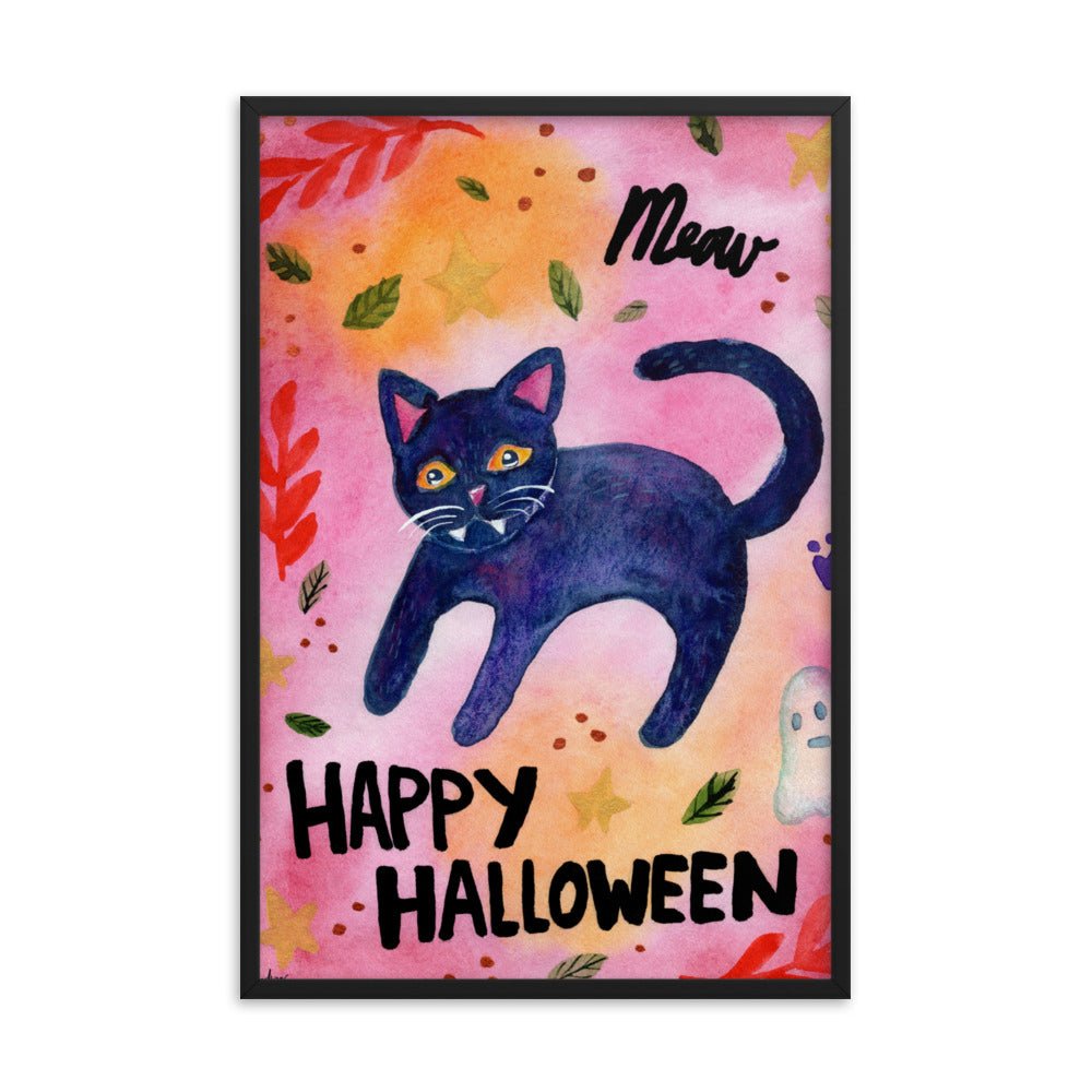 Framed Poster – Halloween Black Cat "Meow" 🐈⬛🎃 - SANDRAAS