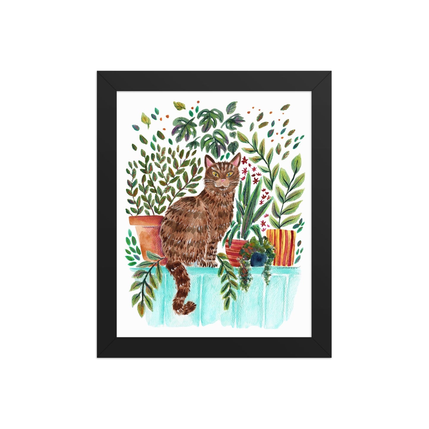 Framed Poster – Cat in the Window 🐱🌿 | Cozy Watercolor Wall Art for Cat Lovers & Plant People - SANDRAAS