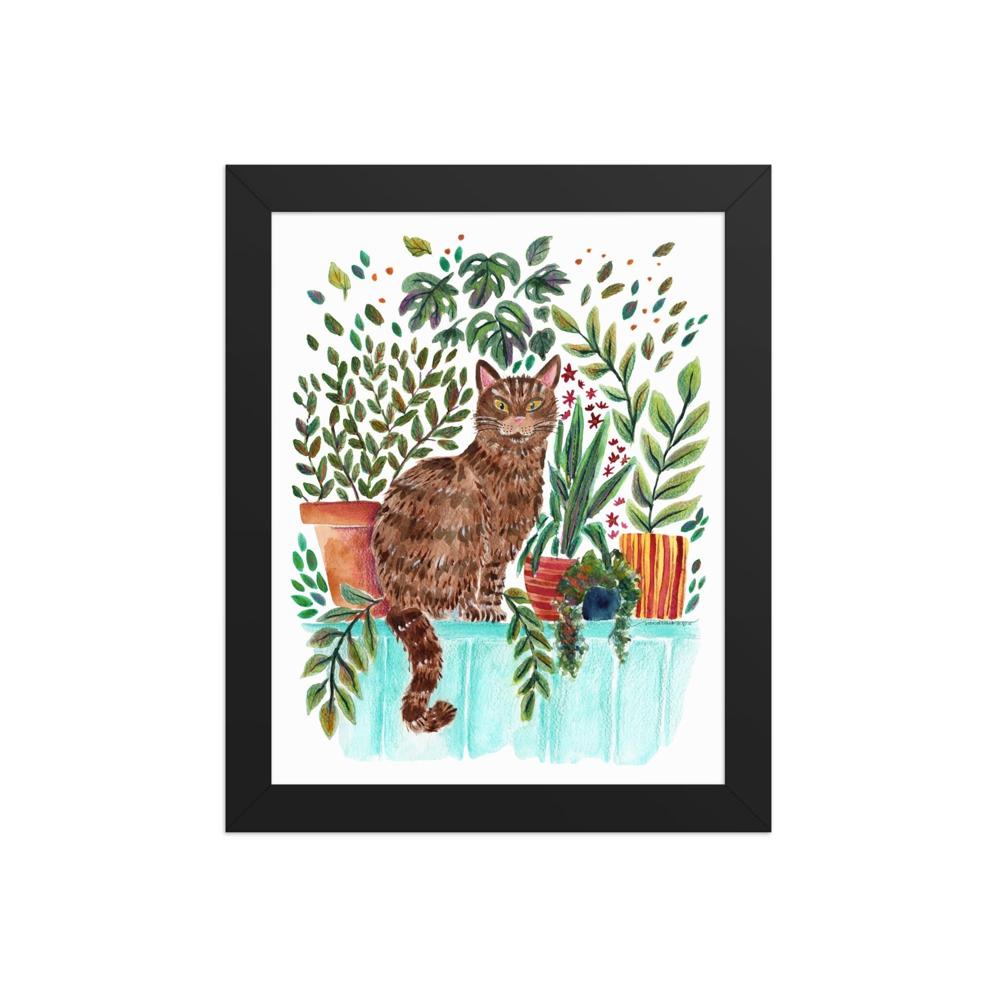 Framed Poster – Cat in the Window 🐱🌿 | Cozy Watercolor Wall Art for Cat Lovers & Plant People - SANDRAAS