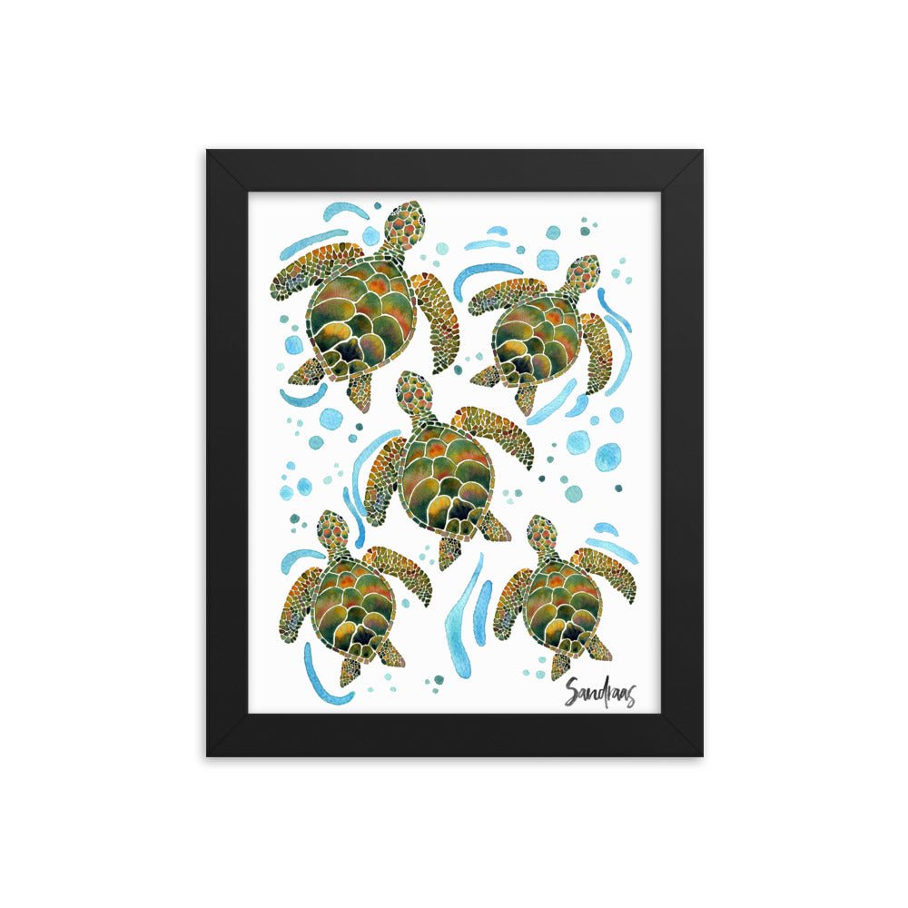 🐢 Framed Poster – Watercolor Turtles & Bubbles – A Peaceful Ocean Moment - SANDRAAS