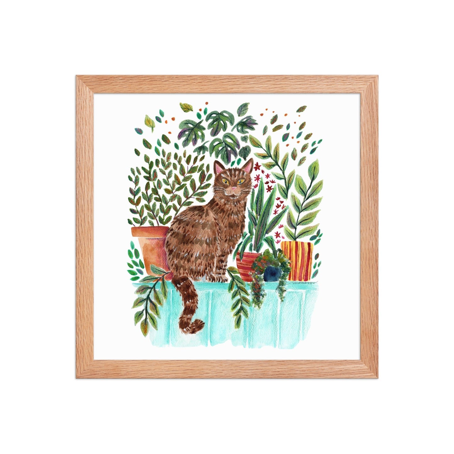 Framed Poster – Cat in the Window 🐱🌿 | Cozy Watercolor Wall Art for Cat Lovers & Plant People - SANDRAAS