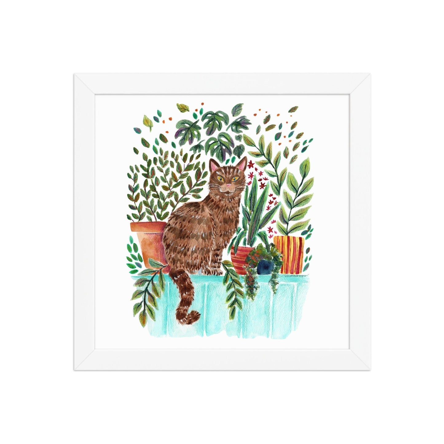 Framed Poster – Cat in the Window 🐱🌿 | Cozy Watercolor Wall Art for Cat Lovers & Plant People - SANDRAAS
