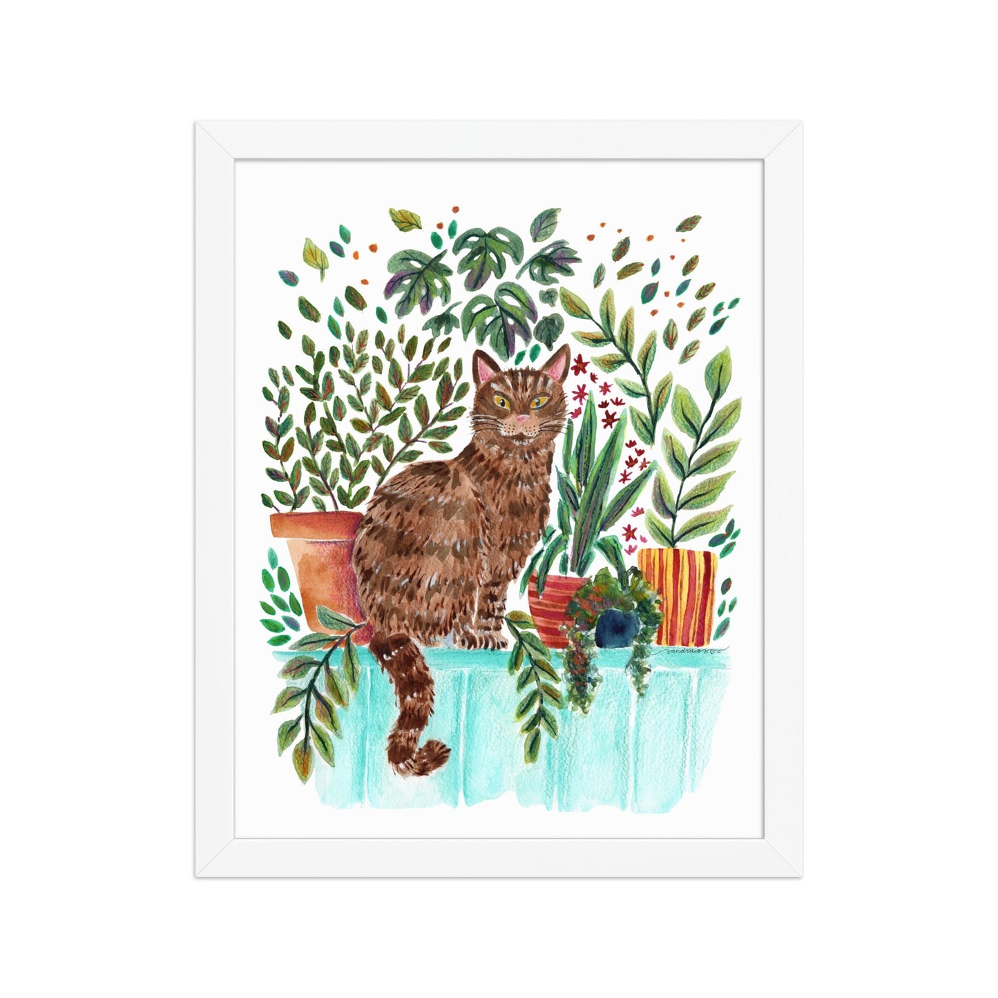 Framed Poster – Cat in the Window 🐱🌿 | Cozy Watercolor Wall Art for Cat Lovers & Plant People - SANDRAAS