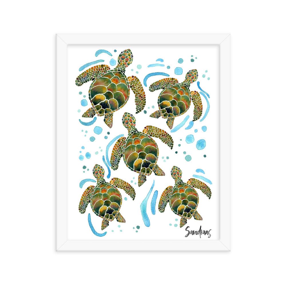 🐢 Framed Poster – Watercolor Turtles & Bubbles – A Peaceful Ocean Moment - SANDRAAS