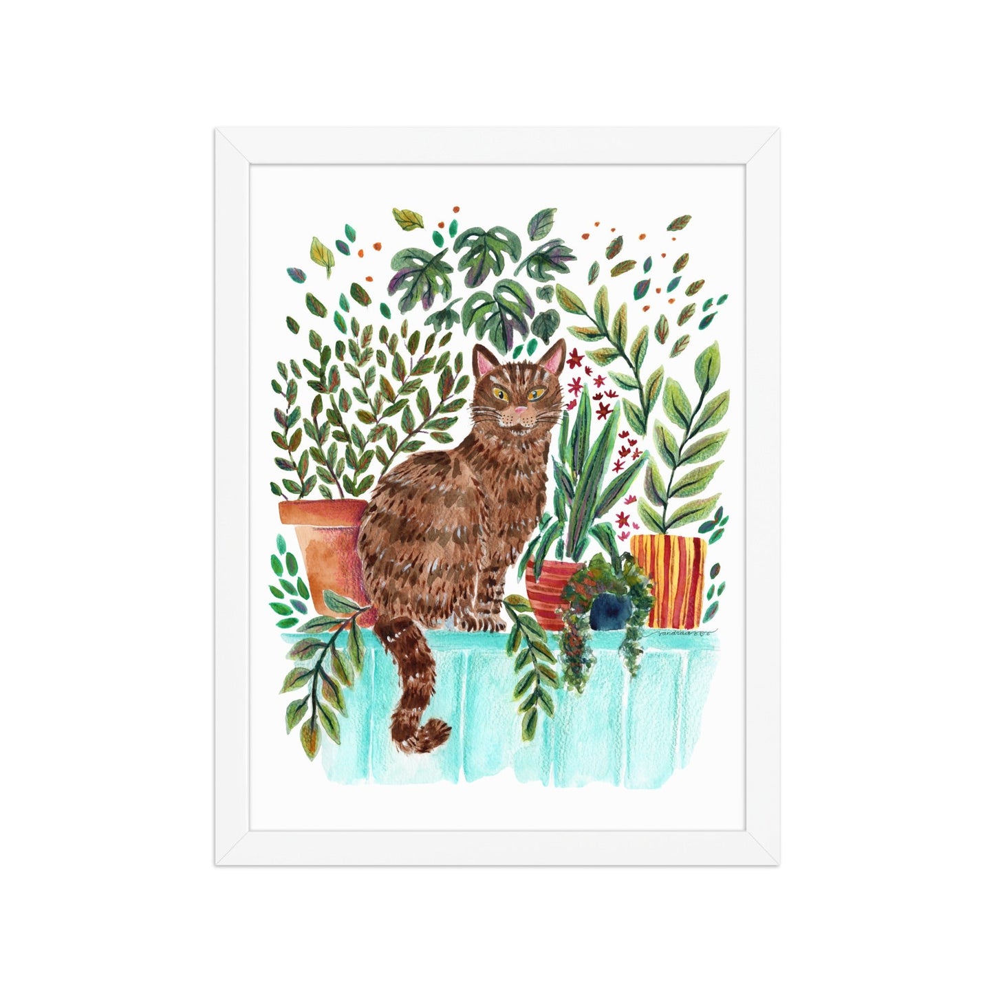 Framed Poster – Cat in the Window 🐱🌿 | Cozy Watercolor Wall Art for Cat Lovers & Plant People - SANDRAAS