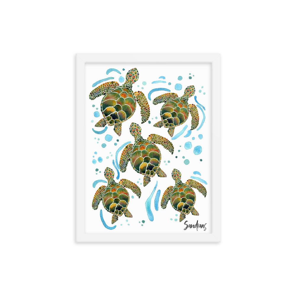 🐢 Framed Poster – Watercolor Turtles & Bubbles – A Peaceful Ocean Moment - SANDRAAS