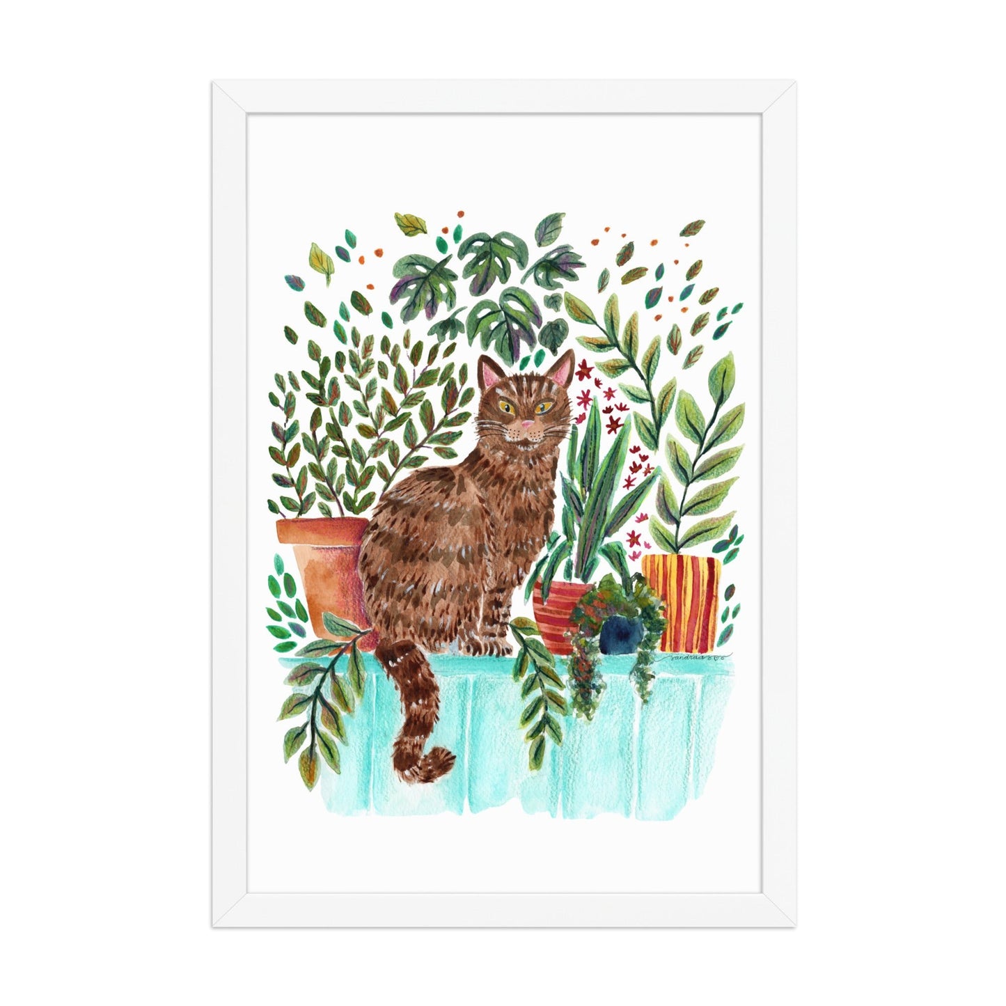 Framed Poster – Cat in the Window 🐱🌿 | Cozy Watercolor Wall Art for Cat Lovers & Plant People - SANDRAAS