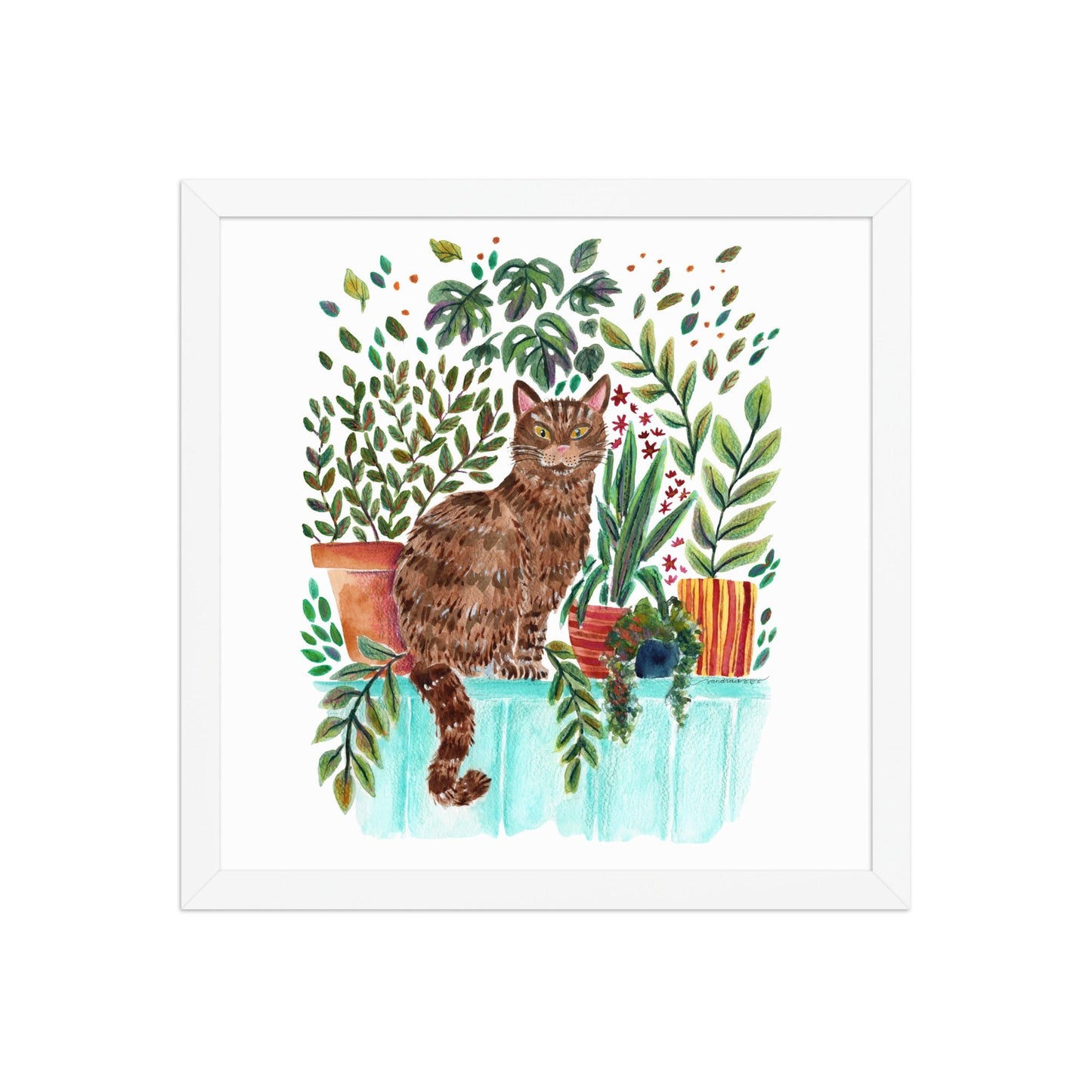 Framed Poster – Cat in the Window 🐱🌿 | Cozy Watercolor Wall Art for Cat Lovers & Plant People - SANDRAAS