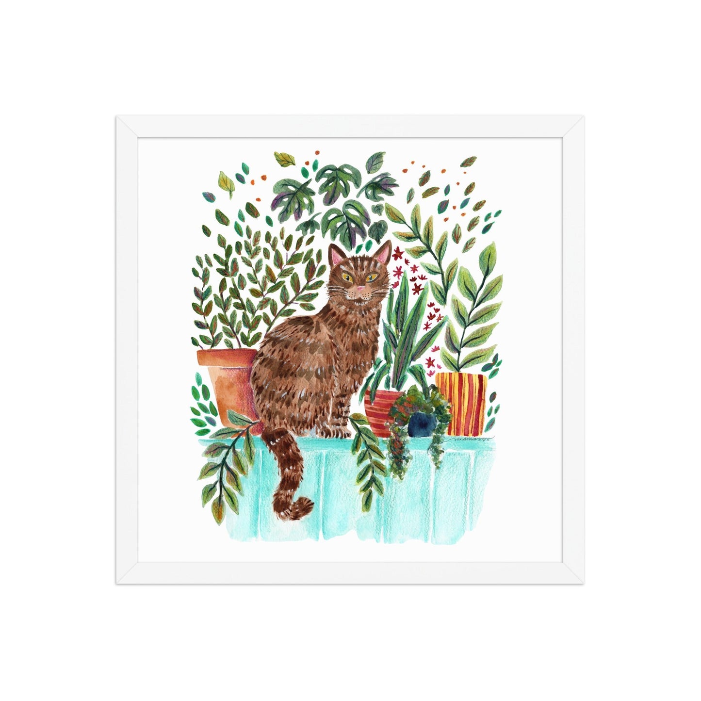Framed Poster – Cat in the Window 🐱🌿 | Cozy Watercolor Wall Art for Cat Lovers & Plant People - SANDRAAS