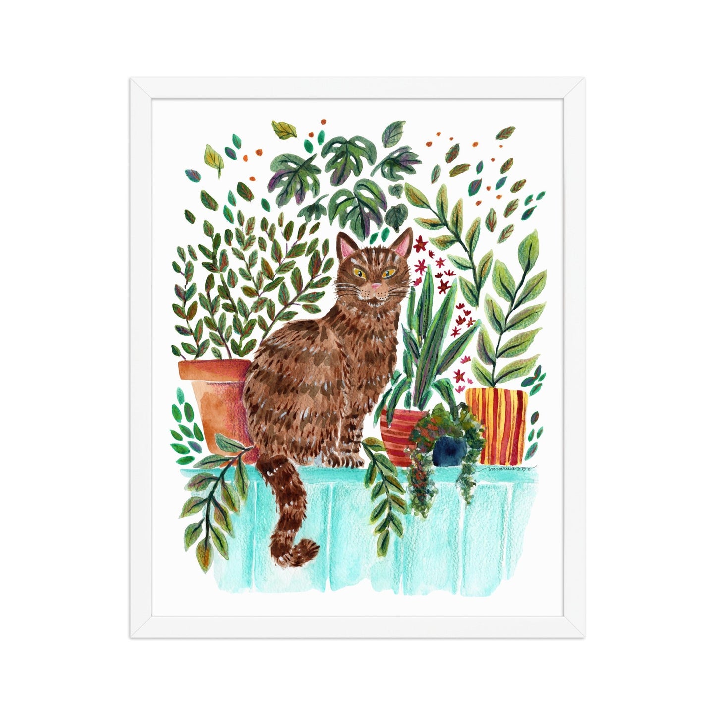 Framed Poster – Cat in the Window 🐱🌿 | Cozy Watercolor Wall Art for Cat Lovers & Plant People - SANDRAAS