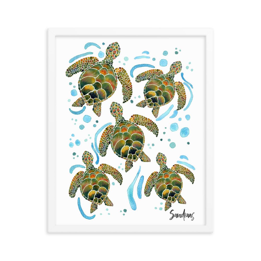 🐢 Framed Poster – Watercolor Turtles & Bubbles – A Peaceful Ocean Moment - SANDRAAS