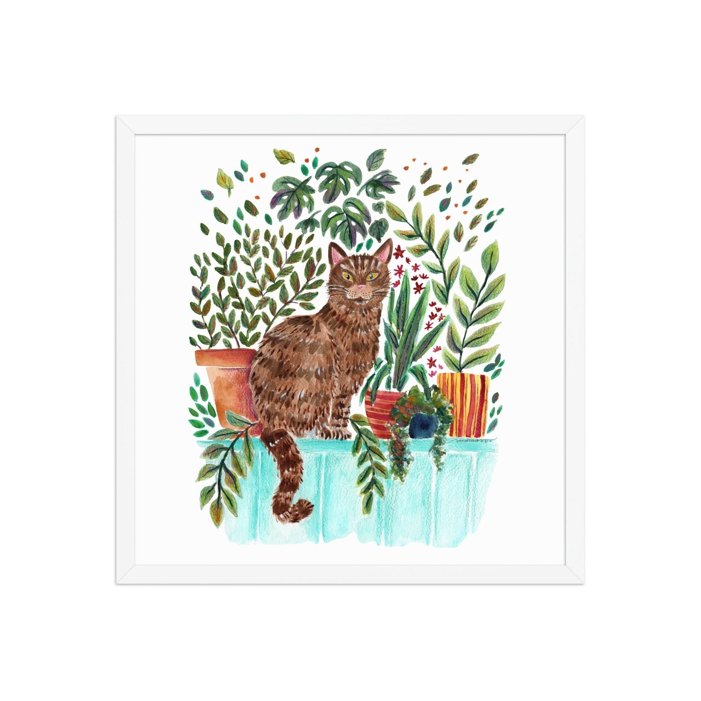 Framed Poster – Cat in the Window 🐱🌿 | Cozy Watercolor Wall Art for Cat Lovers & Plant People - SANDRAAS
