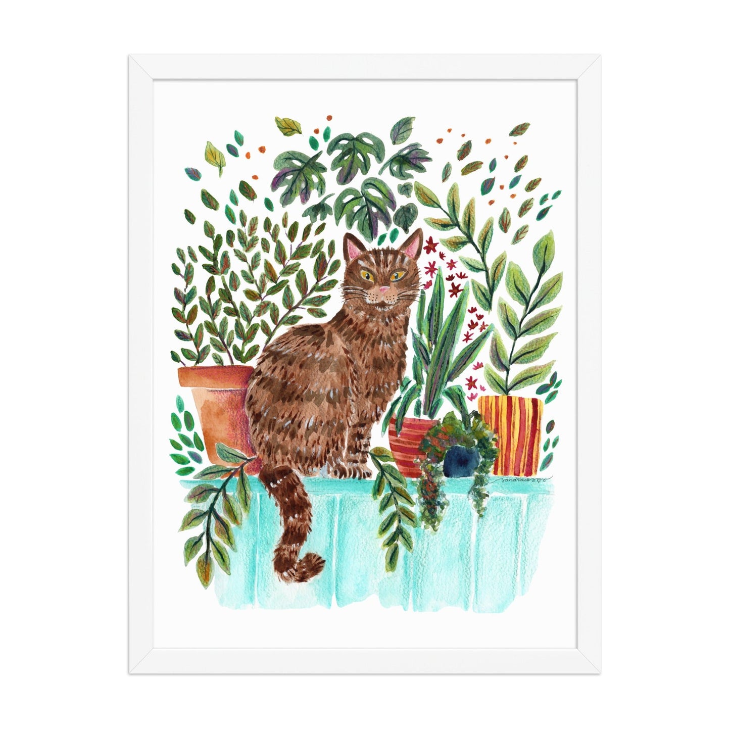 Framed Poster – Cat in the Window 🐱🌿 | Cozy Watercolor Wall Art for Cat Lovers & Plant People - SANDRAAS