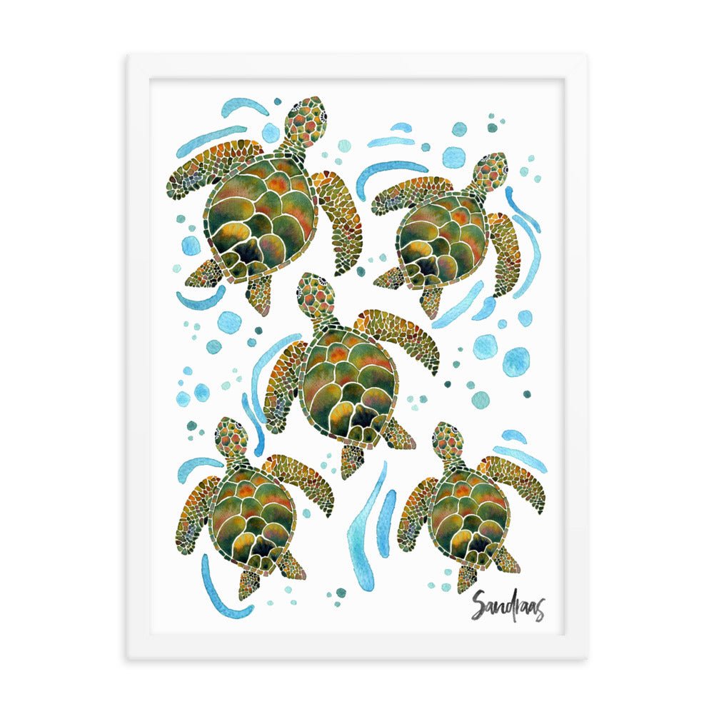 🐢 Framed Poster – Watercolor Turtles & Bubbles – A Peaceful Ocean Moment - SANDRAAS