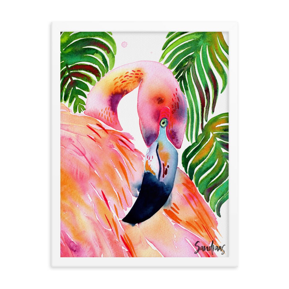 🦩 Framed Poster – Flamingo & Tropical Leaves – A Splash of Pink Paradise - SANDRAAS