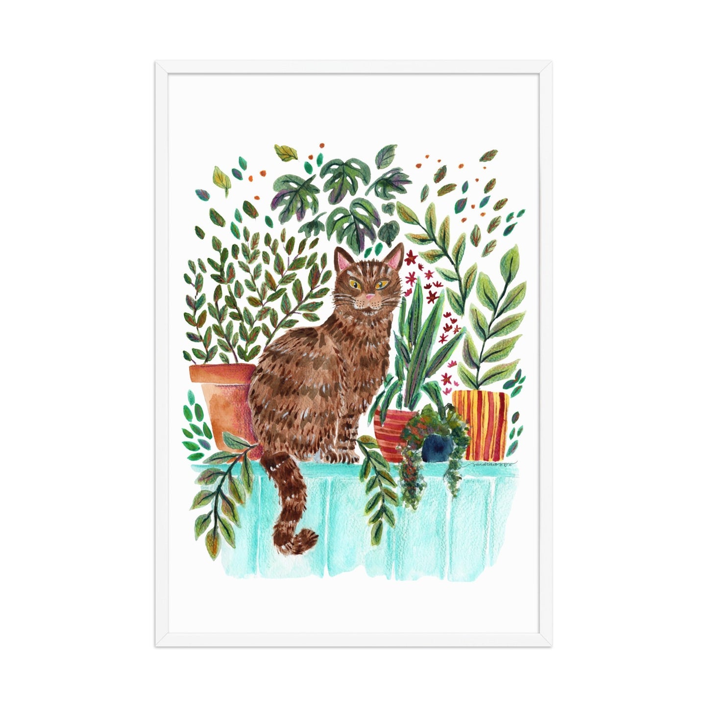 Framed Poster – Cat in the Window 🐱🌿 | Cozy Watercolor Wall Art for Cat Lovers & Plant People - SANDRAAS