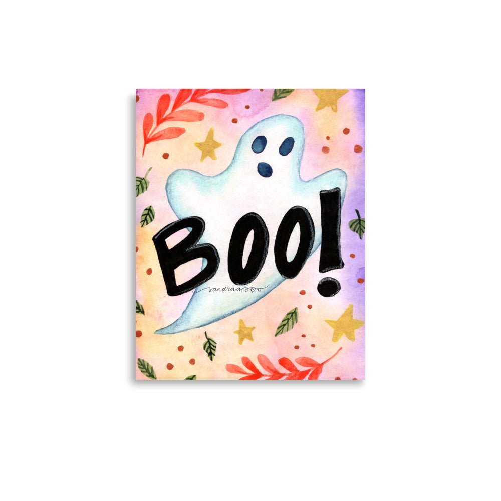 Cute Ghost Halloween Poster 👻🎃 | Watercolor Illustration with ‘Boo!’ Text – Spooky Cute Wall Art - SANDRAAS
